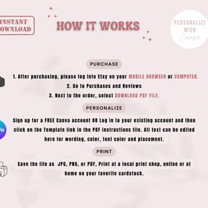 May include: A pink and white graphic with instructions on how to download and personalize a template. Text includes "Instant Download", "How it Works", and "Personalize with Canva". Instructions are provided for purchase, personalization, and printing.
