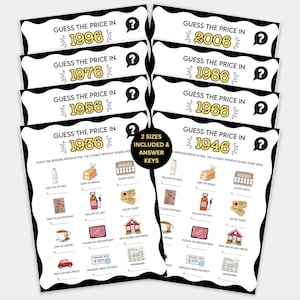 May include: A stack of black and white game cards with the text "Guess the Price In" followed by different years. Each card has a question mark icon and a list of items to guess the price of, such as milk, bread, and eggs.