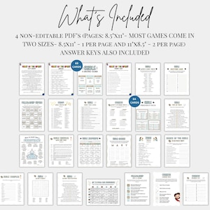 Pu&ograve; includere: Una raccolta di pagine di giochi stampabili, tra cui quiz biblici e fogli di attivit&agrave;. L'immagine mostra varie pagine con testo e grafica, incluso il testo "What's Included". Le pagine misurano 21,6 cm x 27,9 cm e 27,9 cm x 21,6 cm.
