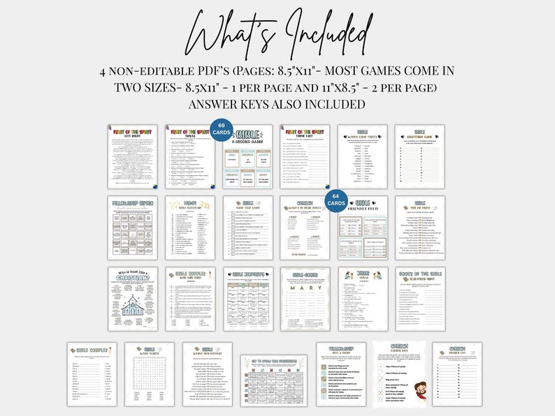 Pu&ograve; includere: Una raccolta di pagine di giochi stampabili, tra cui quiz biblici e fogli di attivit&agrave;. L'immagine mostra varie pagine con testo e grafica, incluso il testo "What's Included". Le pagine misurano 21,6 cm x 27,9 cm e 27,9 cm x 21,6 cm.