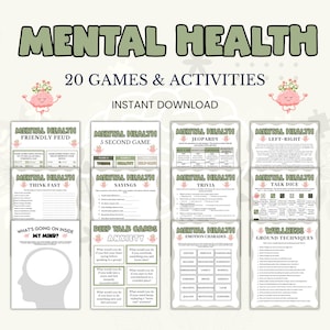 Può includere: Un download digitale con giochi e attività per la salute mentale. L'immagine mostra varie carte di gioco con titoli come "Friendly Feud", "Jeopardy" e "Talk Dice". Il testo "Mental Health" è ben visibile nella parte superiore.