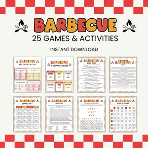 May include: A digital download featuring a barbecue-themed game set. The design includes the word "BARBECUE" in orange and yellow, along with the text "25 GAMES & ACTIVITIES" and "INSTANT DOWNLOAD". The set includes various game cards.