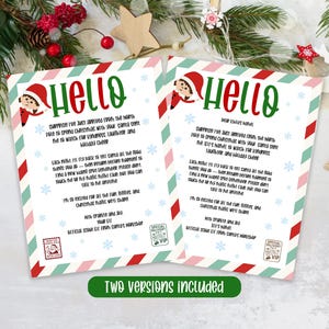Op de afbeelding: Twee kerstbrieven met "Hallo" in groen en rood, met een elfenillustratie. De brieven hebben een rood-witte gestreepte rand en een boodschap van de kerstman. De tekst luidt "Twee versies inbegrepen".