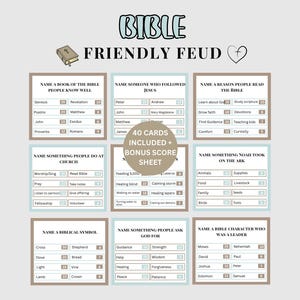 Pu&ograve; includere: Un gioco chiamato "Bible Friendly Feud" con 40 carte e un foglio segnapunti bonus. Il gioco include categorie come "Nomina un libro della Bibbia che le persone conoscono bene" e "Nomina qualcosa che le persone fanno in chiesa".