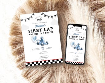 May include: An invitation and a smartphone screen showing the same design. The invitation and phone display the text "Mason's First Lap Around the Track" with a race car illustration. The design includes black and white chequered flags and a red border.