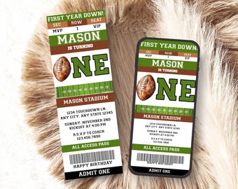 Football Ticket First Birthday Invite, Boy Sports Birthday Invitation, Rookie Year Football, First Year Down, Digital Printable FD01