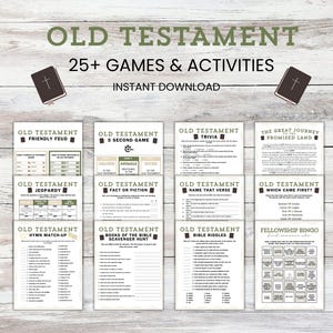 May include: A collection of printable Old Testament games and activities including Friendly Feud, Jeopardy, trivia, and bingo. The sheets feature black text on white backgrounds with small book icons, organised in a grid layout for instant download.