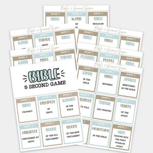Pu&ograve; includere: Un mazzo di carte da gioco a tema biblico in una combinazione di colori azzurro chiaro e beige. Le carte presentano categorie come "Miracoli" e "Profeti", e il gioco si intitola "Bible 5 Second Game".
