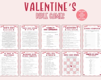 Pode incluir: Uma coleção de jogos bíblicos de São Valentim em rosa e vermelho, incluindo jogos de perguntas e respostas, bingo e histórias de amor. O texto "Valentine's Bible Games" é exibido na parte superior. Dois tamanhos e chaves de resposta estão incluídos.