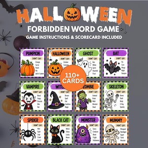 May include: A Halloween Forbidden Word Game set featuring 110+ cards with colourful illustrations of pumpkins, ghosts, bats, vampires, witches, zombies, skeletons, spiders, black cats, monsters, and mummies, each listing forbidden words to avoid.
