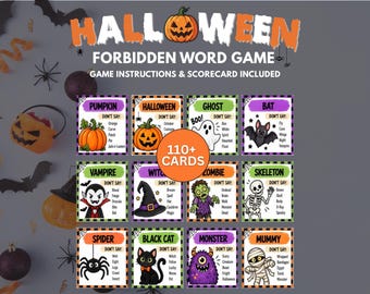 May include: A Halloween Forbidden Word game set featuring 110+ cards with colorful illustrations of pumpkins, ghosts, bats, vampires, witches, zombies, skeletons, spiders, black cats, monsters, and mummies, each listing forbidden words.