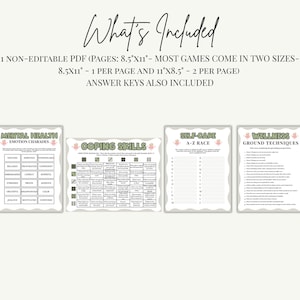 May include: A digital printable set featuring four mental health activity sheets titled Mental Health Emotion Charades, Coping Skills, Self-Care A-Z Race, and Wellness Ground Techniques. The text states 1 non-editable PDF, 8.5x11 inches.