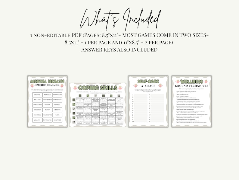 May include: A digital printable set featuring four mental health activity sheets titled Mental Health Emotion Charades, Coping Skills, Self-Care A-Z Race, and Wellness Ground Techniques. The text states 1 non-editable PDF, 8.5x11 inches.