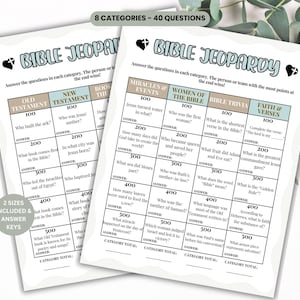 Pu&ograve; includere: Due fogli di gioco stampabili bianchi di Bible Jeopardy. Ogni foglio ha 8 categorie e 40 domande. Le categorie includono Antico Testamento, Nuovo Testamento, Miracoli ed Eventi, Donne della Bibbia, Curiosit&agrave; bibliche e Fede e versi. Il testo "BIBLE JEOPARDY" &egrave; in alto.