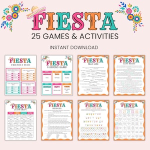 Könnte beinhalten: Ein festlicher digitaler Download mit dem Wort "Fiesta" in bunten Farben, einem Sombrero und floralen Dekorationen. Das Bild zeigt 25 Spiele und Aktivitäten, darunter Friendly Feud und Jeopardy, ideal für eine Party.