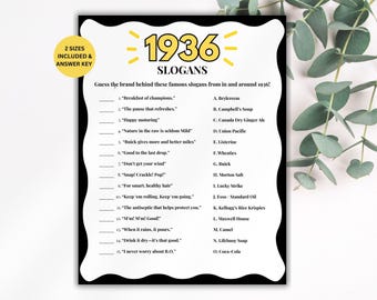 90th Birthday Slogans Game, TV and Radio Trivia Game, 1936 Trivia Match up Quiz, 90th Birthday Game, 1936 Birthday Games, Born in 1936