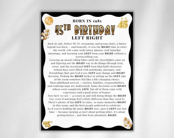 45th Birthday Left Right Game, 45th Birthday Pass the Prize, Pass the Present, Pass the Gift Exchange, 45th Birthday Activity, 1981 birthday