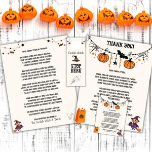 May include: Halloween-themed stationery set with a witch theme. Includes two decorative cards with text, a small sign that says "STOP HERE", and a string of orange pumpkin lights. The cards have illustrations of pumpkins, bats, and witches.