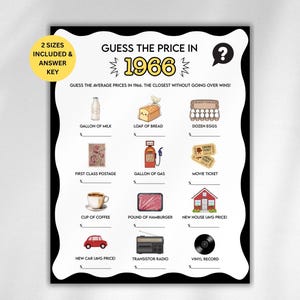 Peut inclure: Un jeu de société noir et blanc intitulé "Devinez le prix en 1966". Le jeu comprend des illustrations d'articles tels que du lait, du pain, des œufs, du courrier, de l'essence, des billets de cinéma, du café, du hamburger, une maison, une voiture, une radio et un disque vinyle.