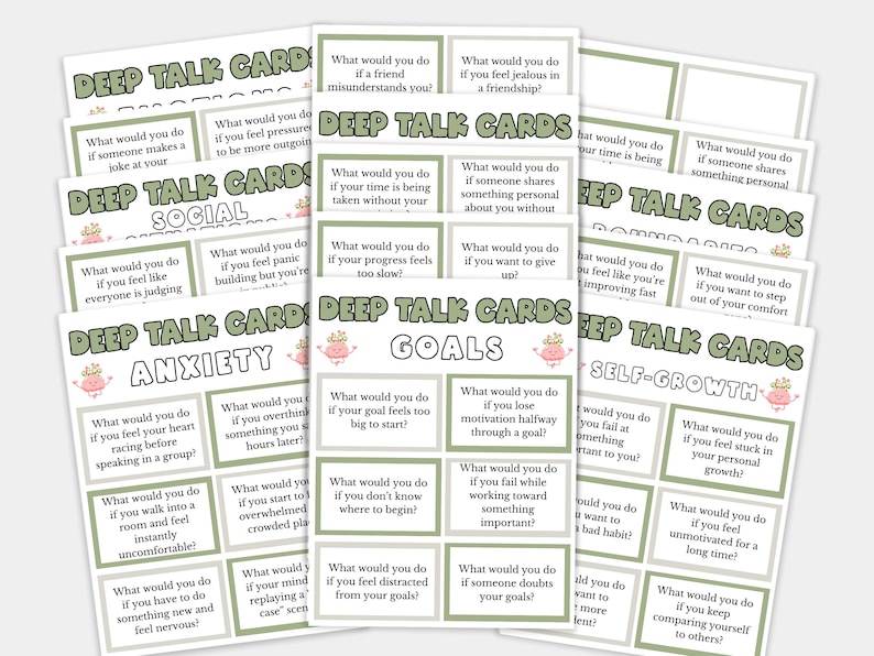 May include: A collection of printable cards titled Deep Talk Cards, organized into categories including Anxiety, Goals, and Self-Growth. Each card features a specific question printed in black text on a white background with a sage green border.