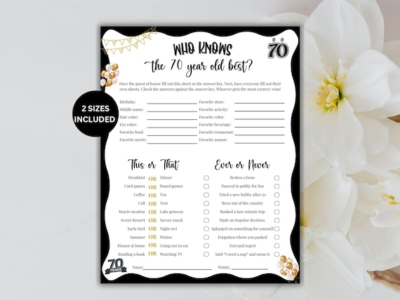 Who Knows The 70 Year Old Best, 70th Birthday Games for Him Her, Birthday Quiz, Birthday Trivia, Printable Birthday Games, Birthday Activity