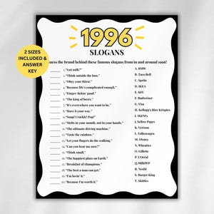 30歳の誕生日スローガンゲーム、テレビとラジオのクイズゲーム、1996年のクイズマッチアップ、30歳の誕生日ゲーム、1996年の誕生日ゲーム、1996年生まれ