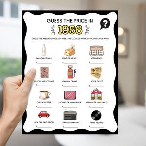 Pode incluir: Um cart&atilde;o de jogo a preto e branco intitulado "Adivinhe o pre&ccedil;o em 1956". O cart&atilde;o apresenta ilustra&ccedil;&otilde;es de itens como leite, p&atilde;o, ovos, selos postais, gasolina, bilhetes de cinema, caf&eacute;, hamb&uacute;rgueres, uma casa, um carro, um r&aacute;dio e um disco de vinil.