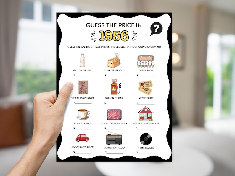 Pode incluir: Um cart&atilde;o de jogo a preto e branco intitulado "Adivinhe o pre&ccedil;o em 1956". O cart&atilde;o apresenta ilustra&ccedil;&otilde;es de itens como leite, p&atilde;o, ovos, selos postais, gasolina, bilhetes de cinema, caf&eacute;, hamb&uacute;rgueres, uma casa, um carro, um r&aacute;dio e um disco de vinil.