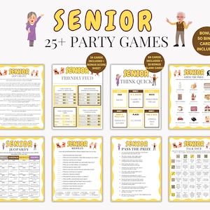 May include: A collection of party games for seniors, featuring various game cards with titles like "Friendly Feud," "Think Quick," and "Jeopardy." The design includes illustrations of elderly people and the text "SENIOR 25+ PARTY GAMES."