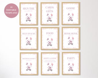 Pink One Silly Goose Party Sign Bundle, Printable Goose Birthday Decor, Girl First Birthday, Goose Theme Decor Signs, Digital Download