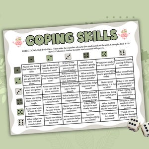 May include: A white rectangular sheet titled COPING SKILLS featuring a grid with six rows and six columns. Each cell contains a text prompt for mental wellness. Two white six-sided dice with black pips are positioned at the bottom right corner.