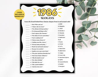 40th Birthday Slogans Game, TV and Radio Trivia Game, 1986 Trivia Match up Quiz, 40th Birthday Game, 1986 Birthday Games, Born in 1986