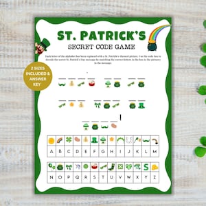 Op de afbeelding: Een St. Patrick's Day thema geheim code spel op een witte achtergrond met een groene rand. Het spel bevat een sleutel en instructies. De bovenkant van het spel heeft de tekst "ST. PATRICK'S SECRET CODE GAME". Het spel bevat een regenboog, pot met goud en klavers.