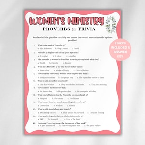 May include: A pink and white trivia sheet titled "Women's Ministry Proverbs 31 Trivia." The sheet includes trivia questions with multiple-choice answers. Text on the sheet reads "2 Sizes Included & Answer Key."