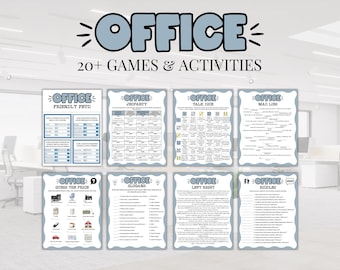 May include: A collection of printable office games and activities. The title "OFFICE" is in a light blue bubble font with the text "20+ GAMES & ACTIVITIES" below. Games include Friendly Feud, Jeopardy, Talk Dice, Mad Libs, Guess the Price, Slogans, Left Right, and Riddles.