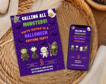 Calling All Monsters, Halloween Costume Party Invitation, Spooky Kids Costume Party Invite, Kids Halloween Birthday Party Invite HT01