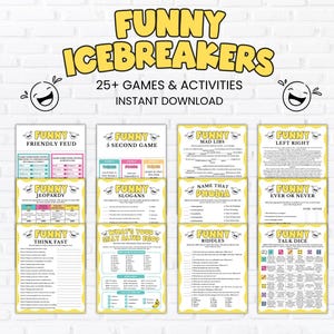 Puede incluir: Una colección de hojas de juegos imprimibles titulada Funny Icebreakers, que incluye más de 25 juegos y actividades. Las hojas incluyen títulos como Friendly Feud, Jeopardy, Think Fast, 5 Second Game, Slogans, Silly Alter Ego, Mad Libs, Name That Phobia, Riddles, Left Right, Ever or Never y Talk Dice.