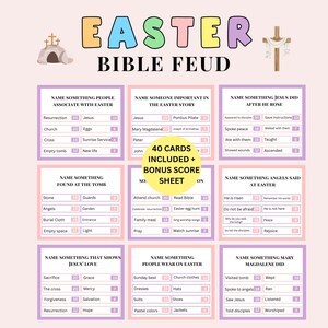 May include: An Easter-themed Bible Feud game with colorful text and illustrations. The game includes 40 cards and a bonus score sheet. The game's title is in large, multi-colored letters, with various questions and answers listed on the cards.