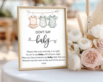 Don't Say Baby Wäscheklammer Babypartyspiel, druckbare Wäscheklammer Baby Sprinkle Sign, bearbeitbare Wäscheklammer Aktivität, sofortiger Download BSG1