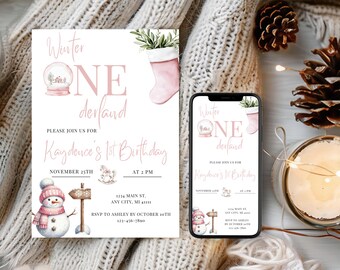 Winter ONEderland Erster Geburtstag Party Einladung, Mädchen Winter Wunderland Weihnachten Geburtstag einladen, Rosa Schneeflocke Geburtstag einladen WO01