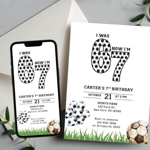 May include: A birthday invitation design featuring a soccer ball theme. The invitation includes the text "I WAS" and "NOW I'M" above the number "67" filled with soccer ball patterns. Details include the date, time, location, and RSVP information.