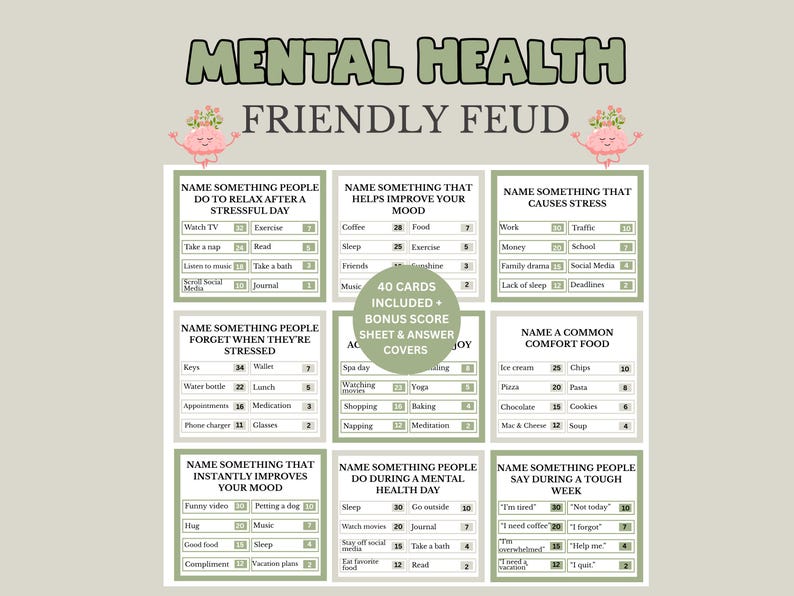 May include: A Mental Health Friendly Feud game set featuring eight question cards with survey-style answers and point values. The cards are sage green and white with a central circular badge stating 40 cards included plus bonus score sheet.