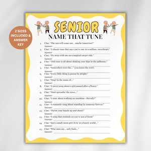 May include: A yellow game sheet titled "Senior Name That Tune" with song clues. The sheet has a yellow border and includes the text "2 Sizes Included & Answer Key". The game is designed for seniors.