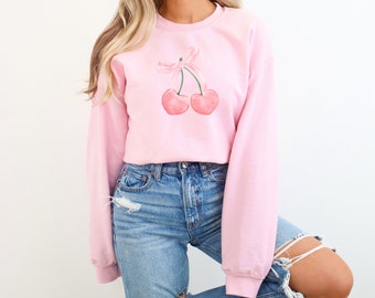 Coquette Pink Bow Cherry Sweatshirt, Coquette Aesthetic Sweatshirt, Soft Girl Aesthetic, Pastel Soft Girl, Coquette Clothing,Coquette Shirt