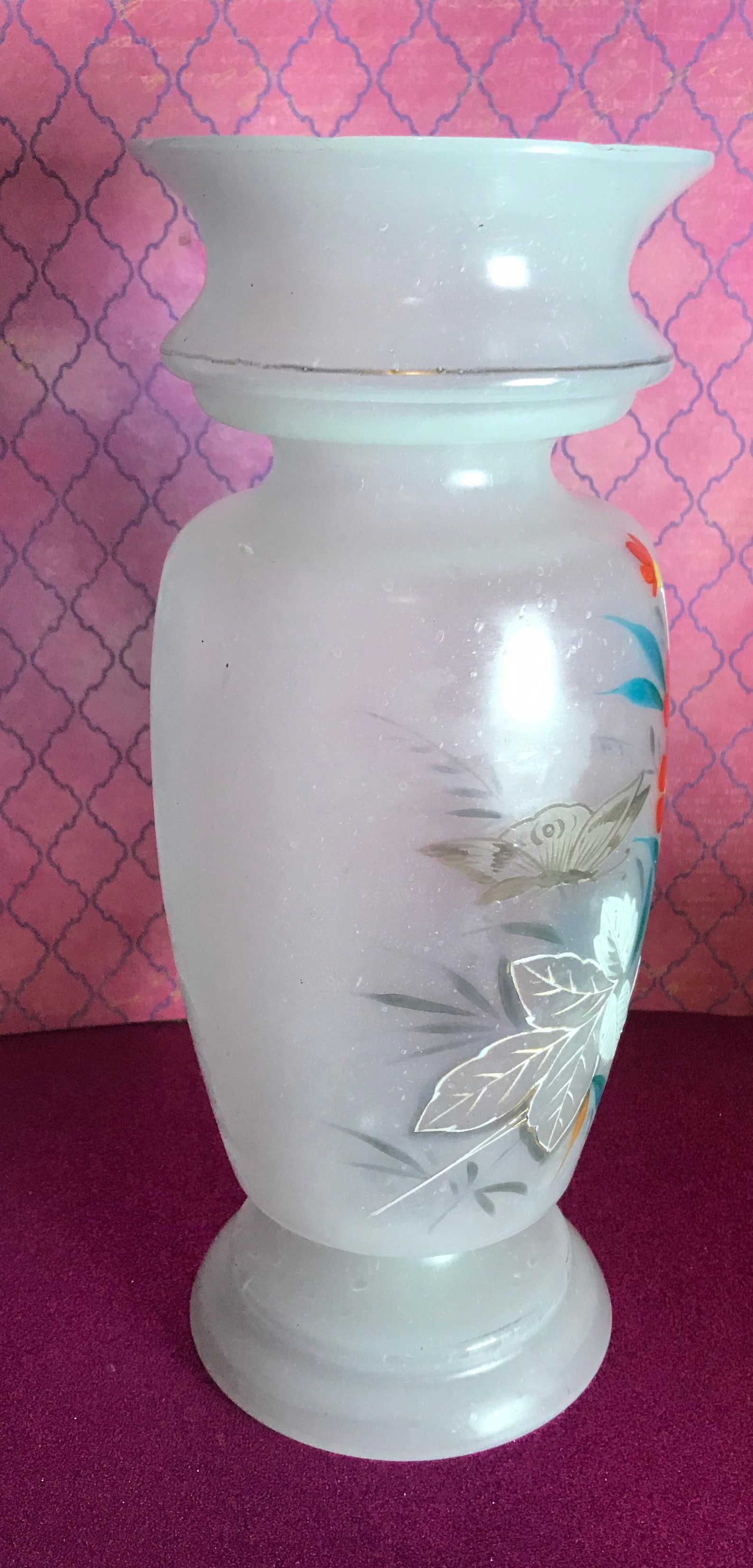 Antique Opaque White Glass Vase Handblown Hand Painted Etsy