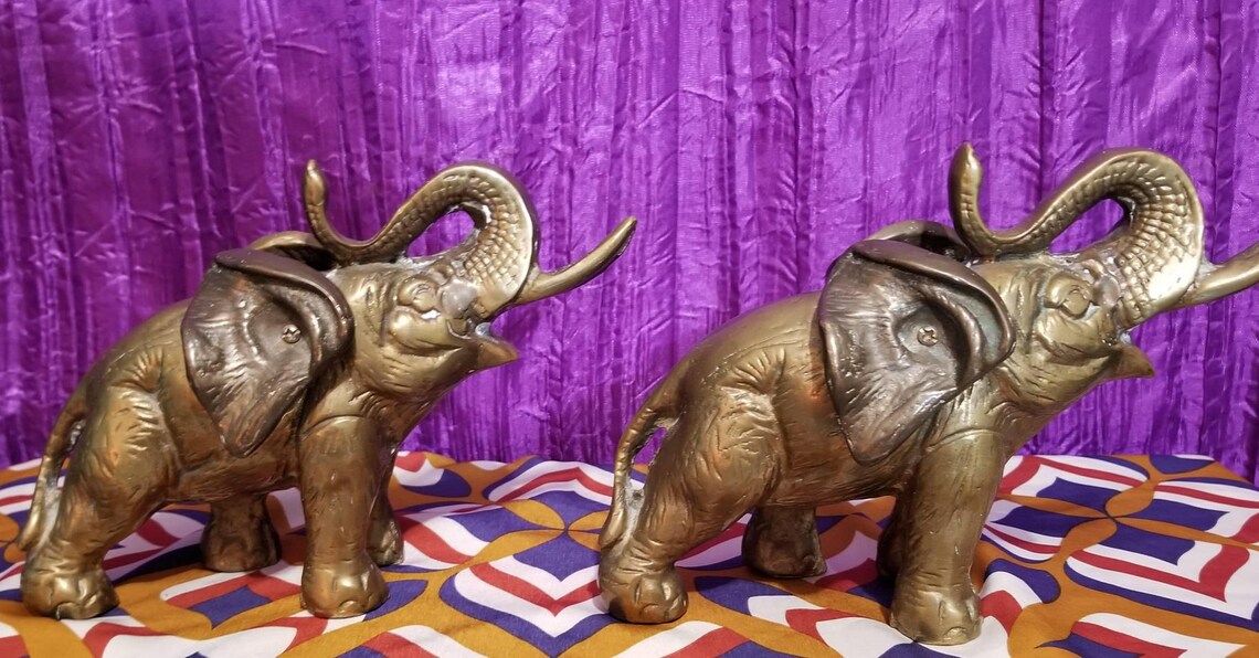 Pair Brass Elephants Bookends Brass Vintage Elephant Trunk Etsy