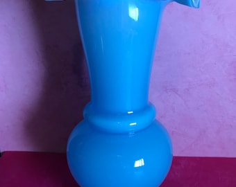 Blue Milk Glass Vase Ruffled Edge