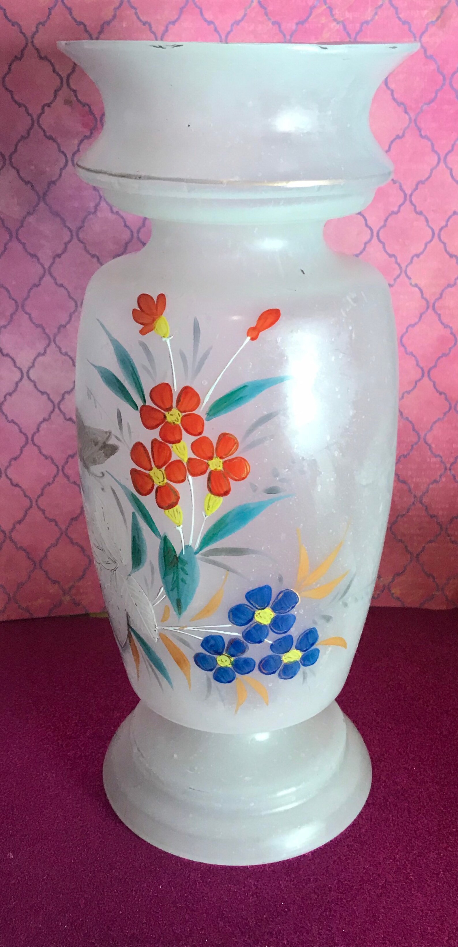 Antique Opaque White Glass Vase Handblown Hand Painted Etsy