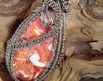 Wire Wrapped Red/Orange Crazy Lace Agate Pendant.