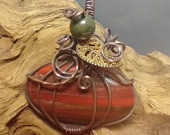Fall Jewelry, Copper Wire Wrapped Pumpkin Pendant, Red River Jasper Gemstone Necklace, Halloween Jewelry, Gemstone Pumpkin